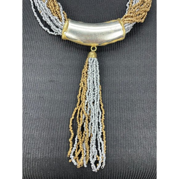 Beaded Boho Statement Piece Sliver Blue Bronze Color Tribal Choker Necklace - Picture 3 of 7